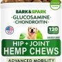 BARK&SPARK Hemp Treats + Glucosamine - Natural Joint Pain Relief - Hip & Joint Supplement w/MSM + Chondroitin + Hemp Oil + Omega 3 - Joint Pain Relief - Made in USA - Chicken Flavor - 120 Chews