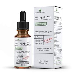 Essential Hemp Extracts 100% Organic Hemp Oil 30,000 MG Bottle CBD THC Free for Anxiety, Sleep, Pain Relief – Improves Mood, Brain & Heart Health, Metabolism, Skin, Hair, Nails – Made in USA