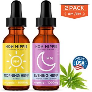Organic Hemp Oil 2 Pack by Non Hippie – AM and PM Formulas – Hemp Extract Oil for Pain Relief, Anxiety Relief, and Sleep – Vegan – 2 Bottles (60 Total Servings)