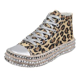 jiumoji Women Casual Lace-Up Canvas High-Top Shoes Female Girls Leopard Hemp Rope Thick Bottom Shoes (-Brown, 6.5-7 US)