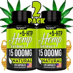2 Pack – Hemp Oil Capsules with 5HTP Serotonin Conversion – 15000 MG of Pure Hemp Extract – Pain, Stress & Anxiety Relief – Natural Sleep & Mood Support – Made in The USA – Extra Strength