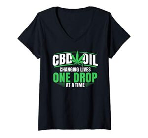 Womens CBD Oil Apparel Cannabidiol Hemp Plant One Drop At A Time V-Neck T-Shirt
