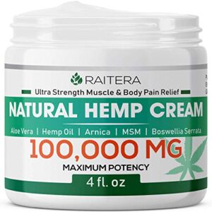 Raitera Hemp Cream for Pain Relief 100000MG, Pure Hemp Oil Extract, MSM, Arnica – Natural Ingredients – Max Strength Balm for Relief Arthritis, Carpal Tunnel, Back, Joint, Nerve, Fibromyalgia